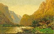 Carl jun. Oesterley Romantische Flusslandschaft mit Personenstaffage an einem prachtvollen Sommertag France oil painting artist